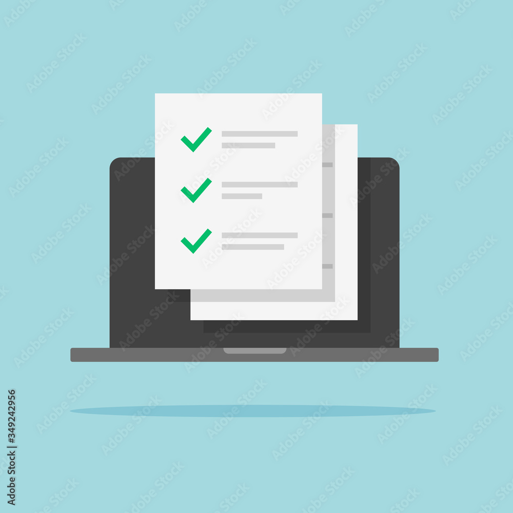 Poster check list paper document online on computer laptop or examining results checklist on pc vector flat