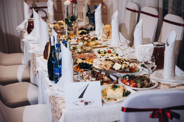 table, restaurant, wedding, food, dinner, banquet, party, setting, glass, dining, reception, plate, decoration, event, celebration, luxury, catering, tablecloth, white, service, chair, buffet, meal, l