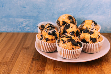 Baked muffins with chocolate chips.