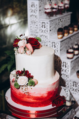 cake, wedding, christmas, food, dessert, white, sweet, red, candle, decoration, table, holiday, celebration, cream, icing, wedding cake, party, flower, reception, xmas, glass, nobody, drink