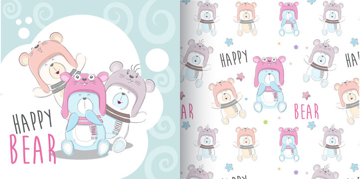 Cute animal Bears Happy with Seamless Pattern for kids