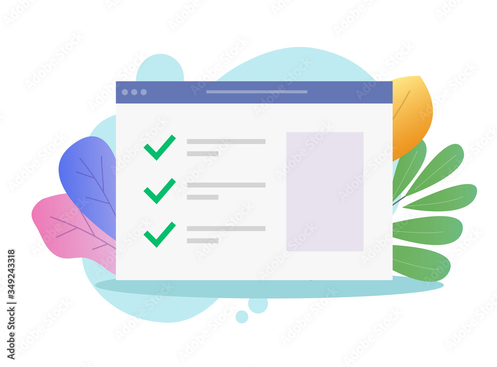 Poster check list website online form or internet web check marks vector flat cartoon, illustrated webpage 