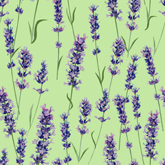 Naklejka premium lavender watercolor seamless pattern. graceful twigs on a pale green background