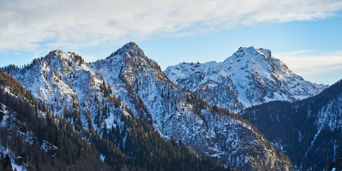 Winter mountains panoramic view near Val Gardena ski resort in Italy.