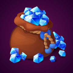 Purse with blue crystals. Vector game icon