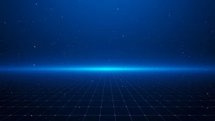 Fotobehang Perspective Grid. Abstract background shining blue floor ground particles stars dust with flare. Futuristic glittering in space on black background. © sKjust