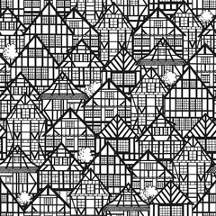 Seamless pattern with old german houses. Black and white buildings background. Vector illustration.
