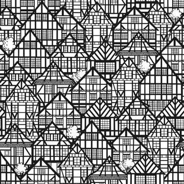 Seamless pattern with old german houses. Black and white buildings background. Vector illustration.