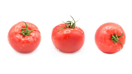 ripe fresh organic tomatoes in drops of water Isolated on a white background	