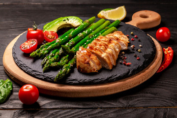 Ketogenic diet breakfast. Chicken grilled fillet with salad fresh tomatoes, asparagus and avocado. Healthy food, diet menu. Long format with copy space