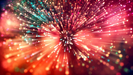 3d abstract beautiful background with light rays colorful glowing particles, depth of field, bokeh. Abstract explosion of multicolored shiny particles or light rays like laser show.