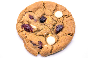 Close up White Chocolate and cranberry cookie isolate on white background.