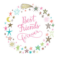 Best Friend Forever, hand lettering phrase. Vector illustration. Retro greeting card for friendship day