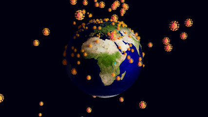 Coronavirus Earth attack simulation black background