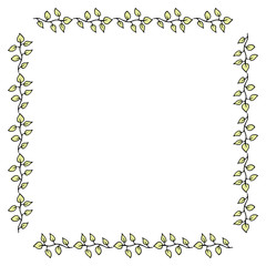 Square frame with green branches on white background. Vector image.