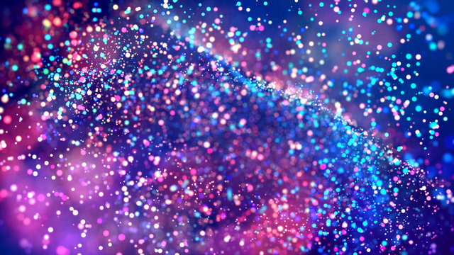 3d render of cloud of multicolored particles fly in air slowly or float in liquid like sparkles on dark blue background. Beautiful bokeh light effects with glowing particles.