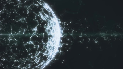 White background. Abstract geometric flying lines and triangles. Colorful digital Sphere. Smooth animations 3d rendering