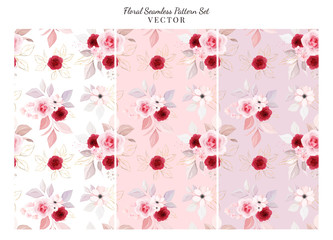 Seamless pattern of rose flowers, gold leaves, branches, bud arrangements vector for fashion, print, textile, fabric, and card background