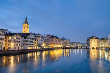View of Zurich city center with famous historical houses and river Limmat, Canton of Zurich, Switzerland