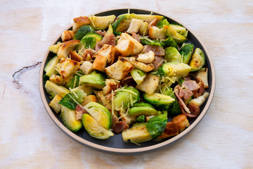 Roasted Brussel Sprouts, Bacon and Croutons
