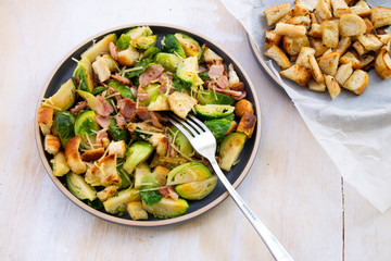 Roasted Brussel Sprouts, Bacon and Croutons