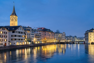 View of Zurich city center with famous historical houses and river Limmat, Canton of Zurich,...