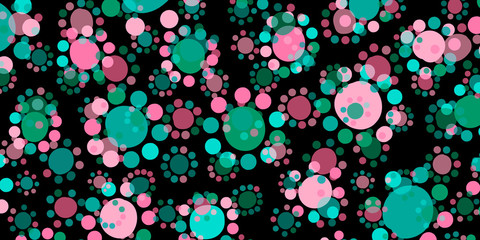 Small circles around large circles - cute doodle background. Uneven, crooked circles like a flowers. Mint, pink, green colors. For textile, gift wrap, background of cosmetics, hygiene products.