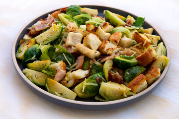 Roasted Brussel Sprouts, Bacon and Croutons