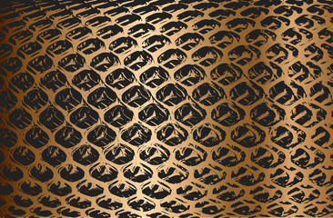 Golden distress old rusted peeled, scrathed vector texture with metal net, wire, cage, crossed stripes.