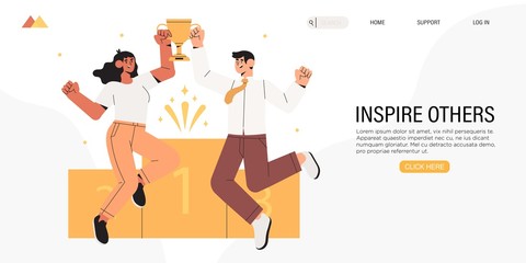 Business people celebrate victory. Characters hold golden cup. Achievement reward. Business man and woman jumping happy. First place, leadership, receive victory prize or team success concept banner.