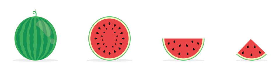 Set of fresh watermelons. Whole pieces and slices. Flat style. Vector illustration
