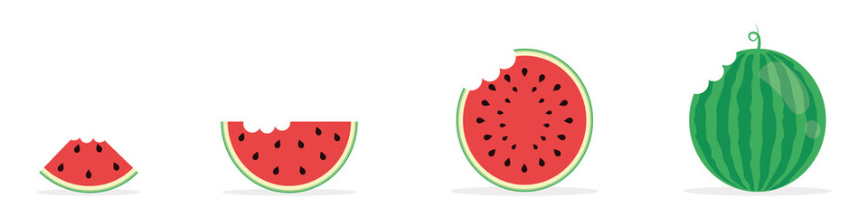Set of fresh watermelons. Bitten pieces. Flat style. Vector illustration
