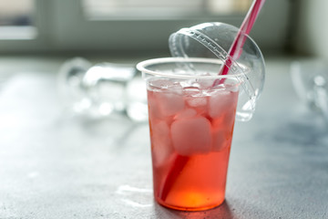 Refreshing summer fruit drinks cocktails in glasses with ice. Homemade lemonade. Copy space