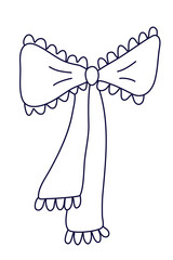 A nice ribbon bow decorated with frills in doodle style. Hand drawn vector illustration in black ink isolated on white background. Great for coloring book.