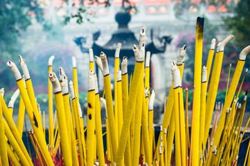 Burning Incense in a Censer, Po Lin Monastery, Lantau Island, Hong Kong.
