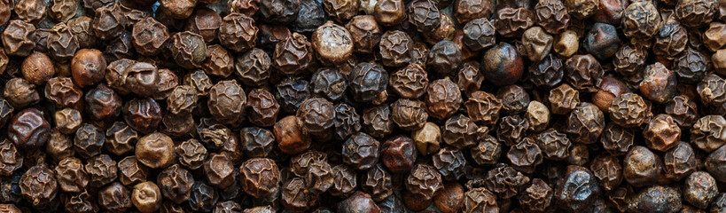 Organic dried Black Peppercorns on light concrete or stone background close-up. Pepper. Spices and seasonings. Selective focus, top view, long image, banner