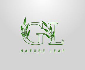 Nature Green Leaf Letter G, L and GL Logo Design. monogram logo. Simple Swirl Green Leaves Alphabet Icon. © bintank