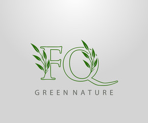 Green Nature Leaf Letter F, Q and FQ Logo Design. monogram logo. Simple Swirl Green Leaves Alphabet Icon.