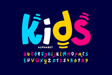 Kids style colorful font design, playful childish alphabet, letters and numbers - obrazy, fototapety, plakaty