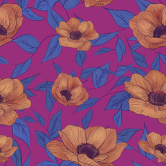 Pattern Flowers With Leaves On Purple Background