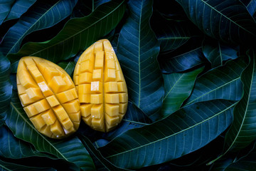 Delicious golden mango fruit on  green leaf background. Ripe yellow Barracuda mangos. Tropical...