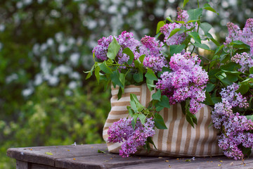 
Lilac flowers in a bag on a wooden table in the garden.  Natural spring style. Aromatherapy. Romantic composition.