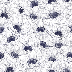 Pattern Dark Blue Line Flowers On White Background