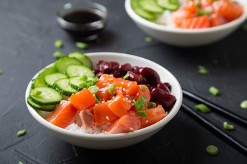 Poke Bowl. Salmon, beans, rice in a bowl