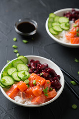 Poke Bowl. Salmon, beans, rice in a bowl