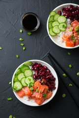 Poke Bowl. Salmon, beans, rice in a bowl