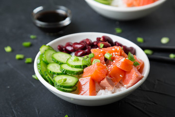 Poke Bowl. Salmon, beans, rice in a bowl