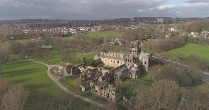 Aerial drone Kirkstall Abbey museum tourist attraction in Leeds, West Yorkshire