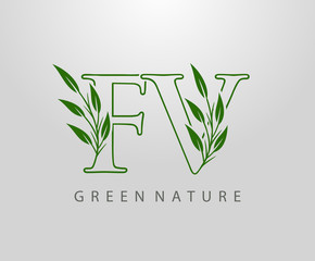 Green Nature Leaf Letter F, V and FV Logo Design. monogram logo. Simple Swirl Green Leaves Alphabet Icon.