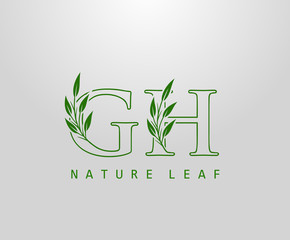 Nature Green Leaf Letter G, H and GH Logo Design. monogram logo. Simple Swirl Green Leaves Alphabet Icon.